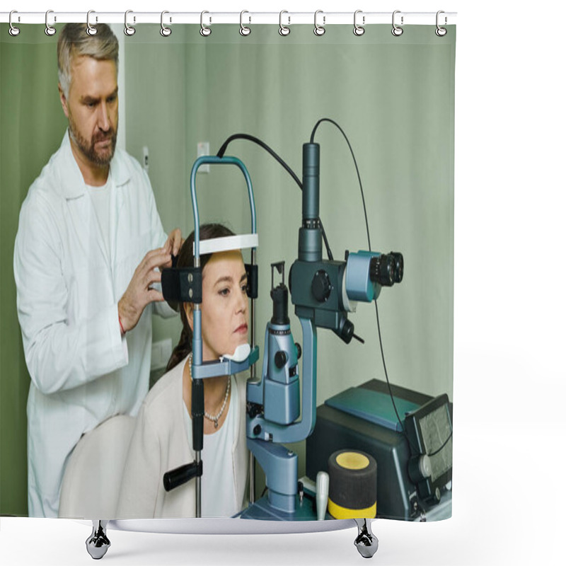 Personality  Handsome Doctor Examining A Womans Eye In A Professional Setting. Shower Curtains