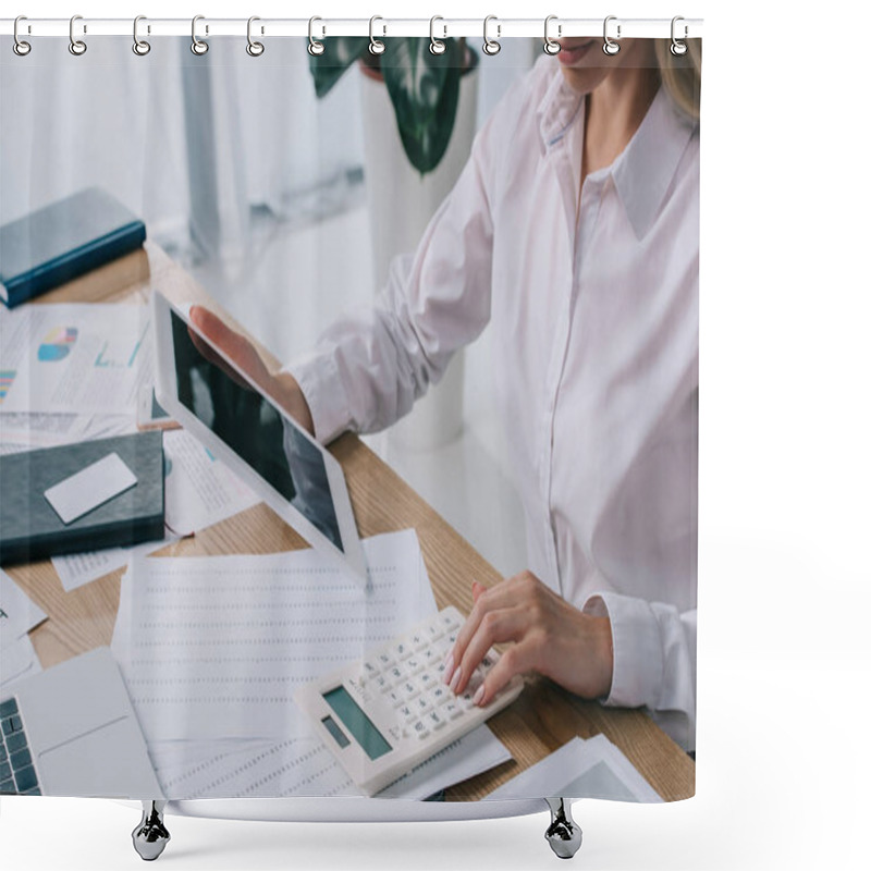 Personality  Partial View Of Businesswoman With Tablet Making Calculations At Workplace With Papers Shower Curtains