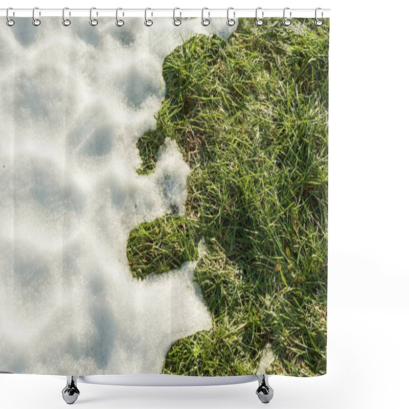 Personality  Hello Spring, Melting Snow On Green Grass Close Up - Between Winter And Spring Concept Background Shower Curtains