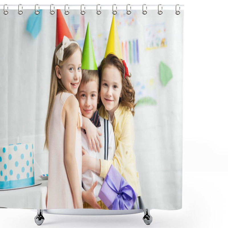 Personality  Smiling Kids In Party Caps Hugging Adorable Boy With Gift Box During Birthday Party At Home Shower Curtains