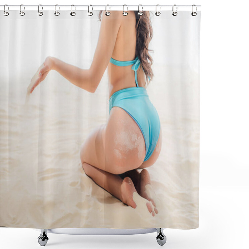 Personality  Back View Of Sexy Girl In Blue Bikini With Sand Falling Through Hand On Beach Shower Curtains