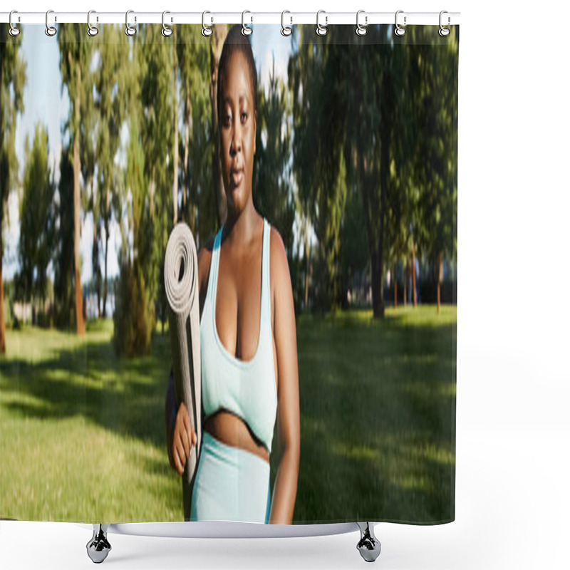 Personality  A Curvy African American Woman In Sportswear Gracefully Holds A Rolled Up Yoga Mat In A Serene Park Setting. Shower Curtains