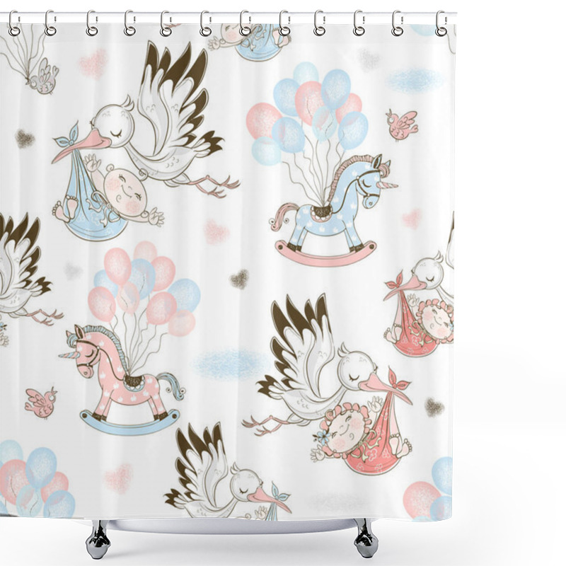 Personality  Seamless Pattern For The Birth Of A Child With Storks Carrying Babies And Toys On Balloons. Vector. Shower Curtains