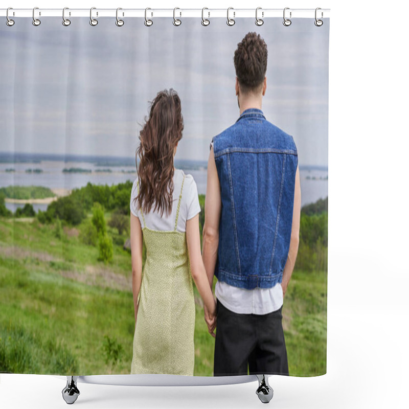 Personality  Back View Of Stylish Romantic Couple In Summer Outfits Holding Hands While Standing Together On Grassy Hill With Blurred Scenic Landscape At Background, Countryside Retreat Concept Shower Curtains