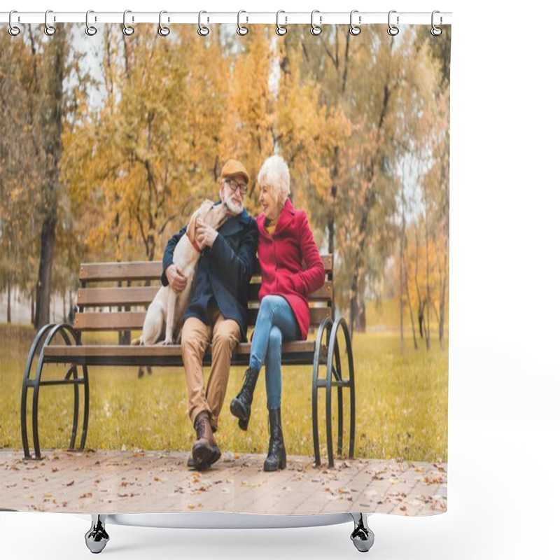 Personality  Senior Couple With Labrador Dog   Shower Curtains