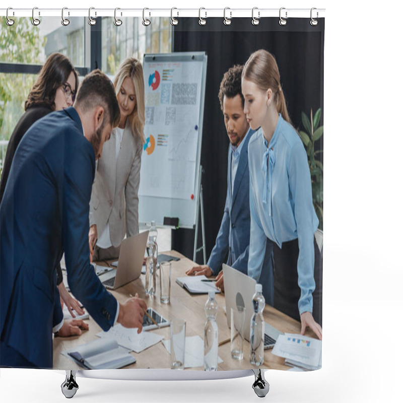 Personality  Multicultural Businesspeople Looking At Document On Desk During Business Meeting Shower Curtains