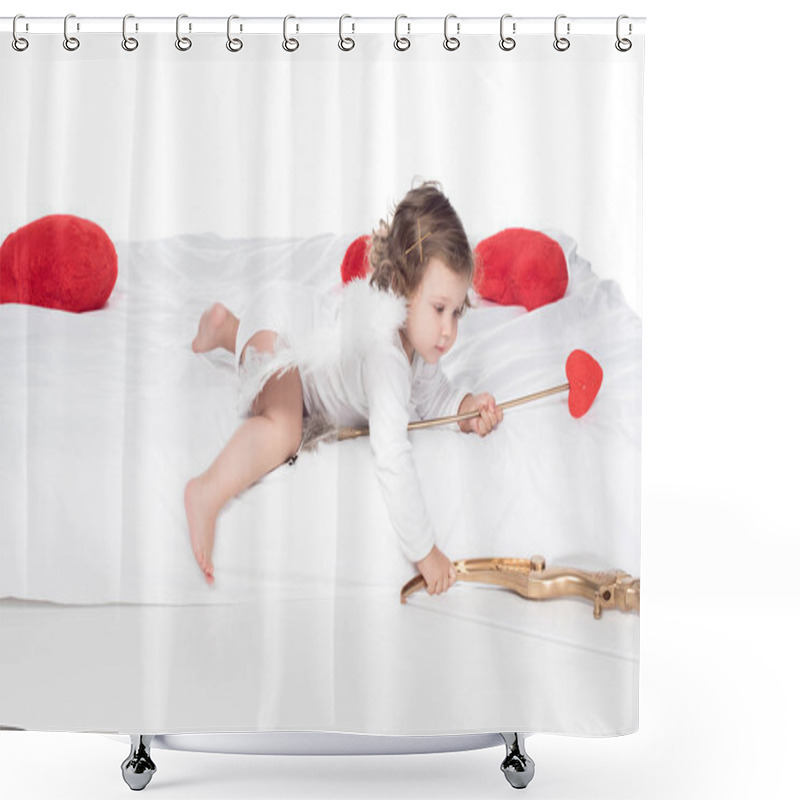 Personality  Little Angel On Bed With Bow And Arrow, Isolated On White Shower Curtains