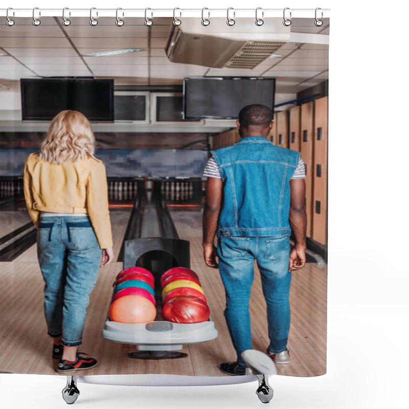 Personality  Rear View Of Multiethnic Couple Standing Near Stand With Balls At Bowling Club Shower Curtains