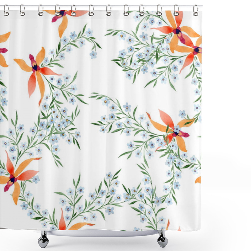 Personality  Blue And Orange Flowers. Watercolour Drawing Of Background With Orchids And Forget Me Nots. Shower Curtains