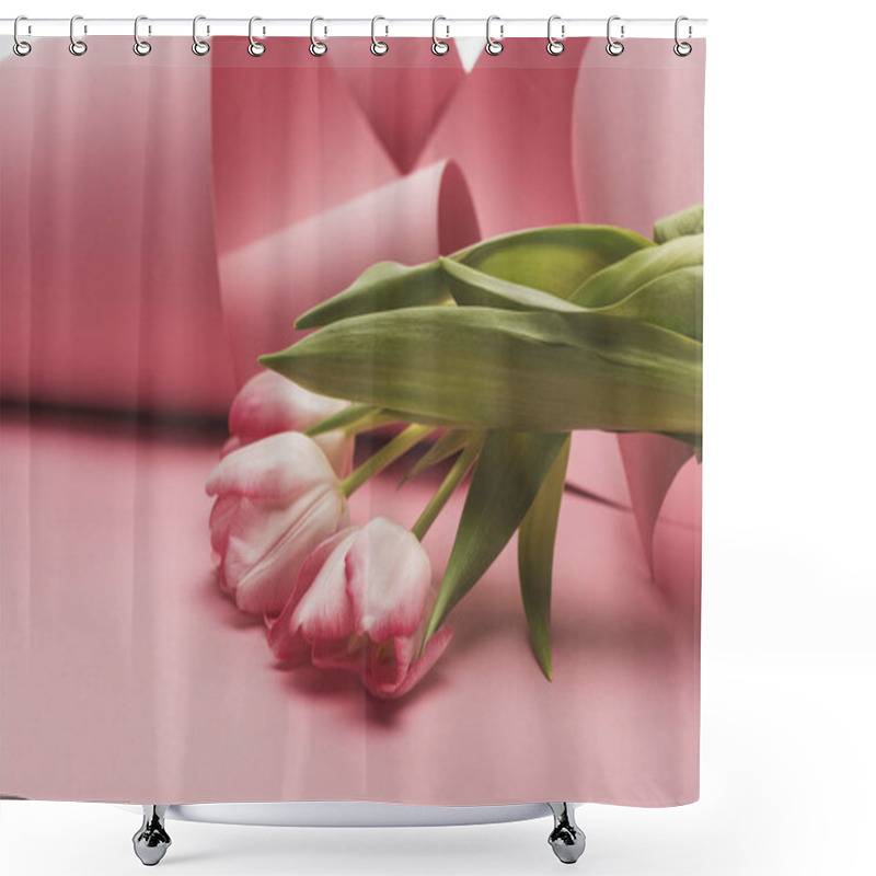 Personality  Close Up View Of Tulips Wrapped In Pink Paper Swirls Shower Curtains