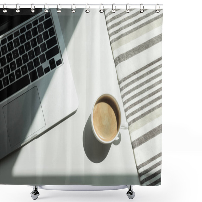 Personality  Desk With Laptop Cand Cup Of Coffee  Shower Curtains