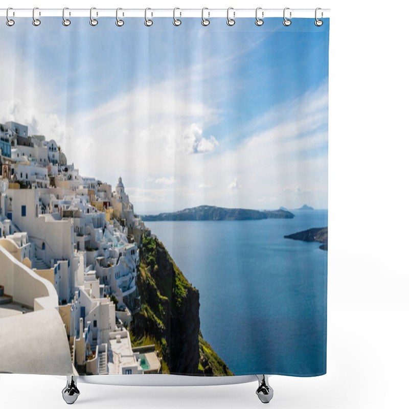 Personality  Sunshine On White Houses Near Tranquil Aegean Sea Against Sky With Clouds In Santorini Shower Curtains