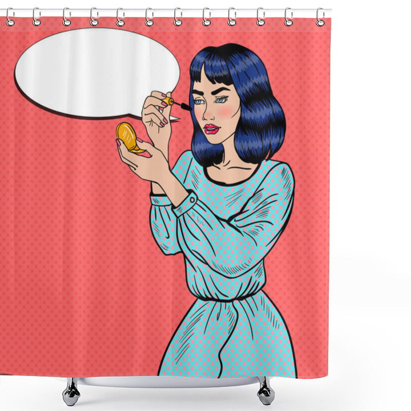 Personality  Pop Art Young Woman Applying Mascara With Makeup Brush. Vector Illustration Shower Curtains