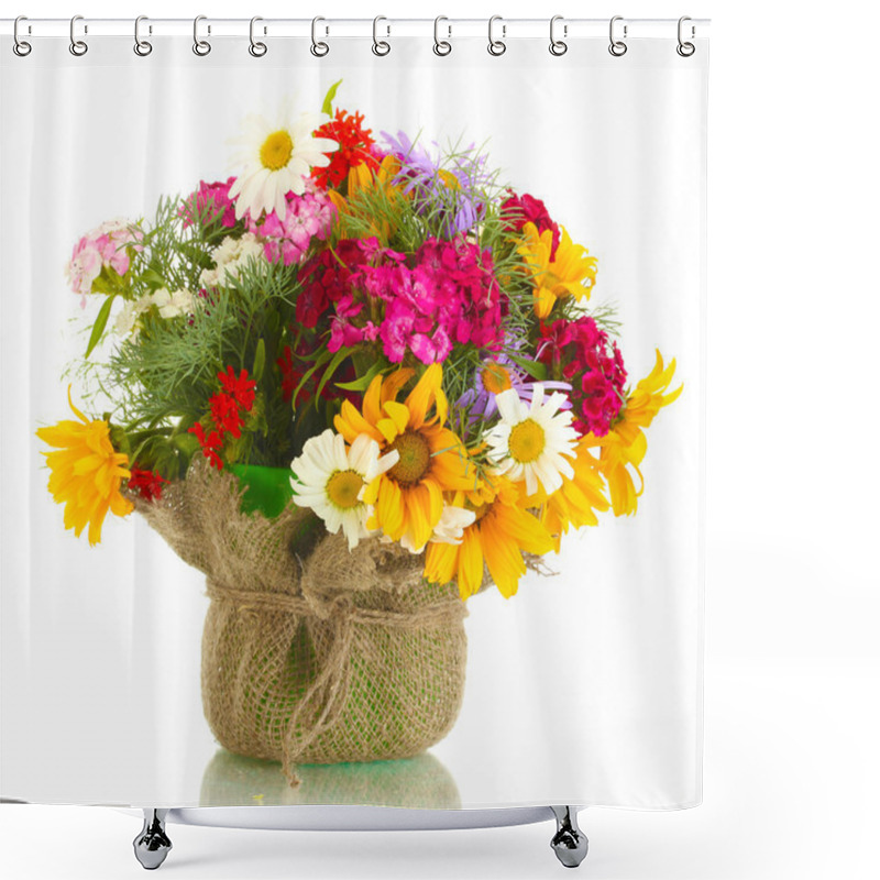 Personality  Beautiful Bouquet Of Bright Wildflowers In Flowerpot, Isolated On White Shower Curtains