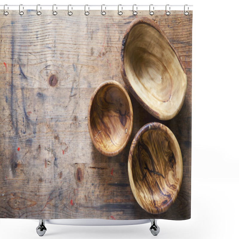 Personality  Three Wooden Bowls From Olive Tree On A Wooden Background Shower Curtains