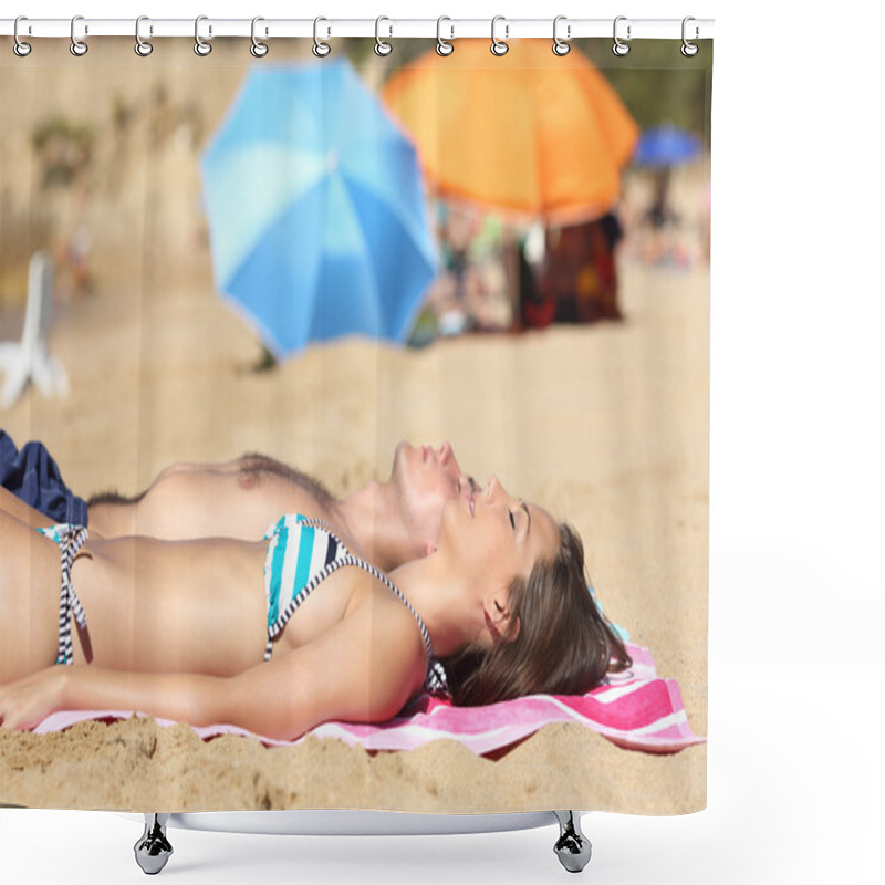 Personality  Sunbather Couple Sunbathing On The Beach Shower Curtains