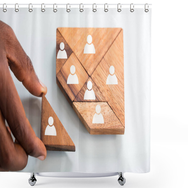 Personality  Close-up Of Man's Hand Holding A Missing Piece In A Square Tangram Puzzle Shower Curtains