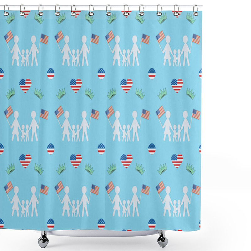 Personality  Seamless Background Pattern With Hearts Made Of Us Flags, White Paper Cut Families And Crowns On Blue, Independence Day Concept Shower Curtains