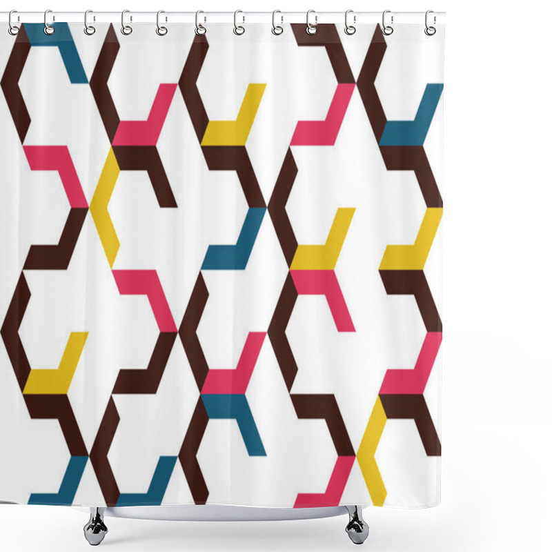 Personality  Seamless, Abstract Background Pattern Made With Chevron / Arrow Shapes. Playful, Modern And Geometric Vector Art In Yellow, Pink, Blue And Black Colors. Shower Curtains