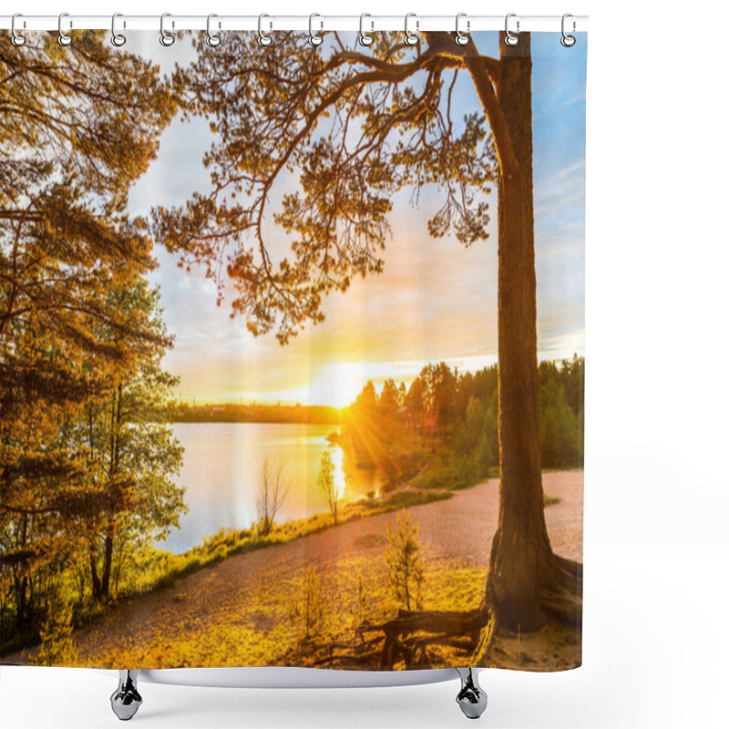 Personality  Sunset On A Sandy Beach In A Pine Forest Near The Village Shower Curtains