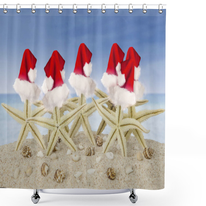 Personality  Starfishes With Santa Hat And Seashells On Beach Shower Curtains