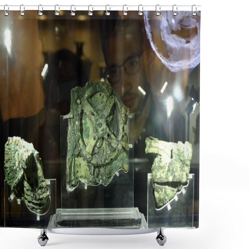 Personality  Visitors Look At A Fragment Of The 2,100-year-old Antikythera Mechanism, Believed To Be The Earliest Surviving Mechanical Computing Device, Is Seen At The National Archaeological Museum In Athens, Greece On Aug. 26, 2018 Shower Curtains