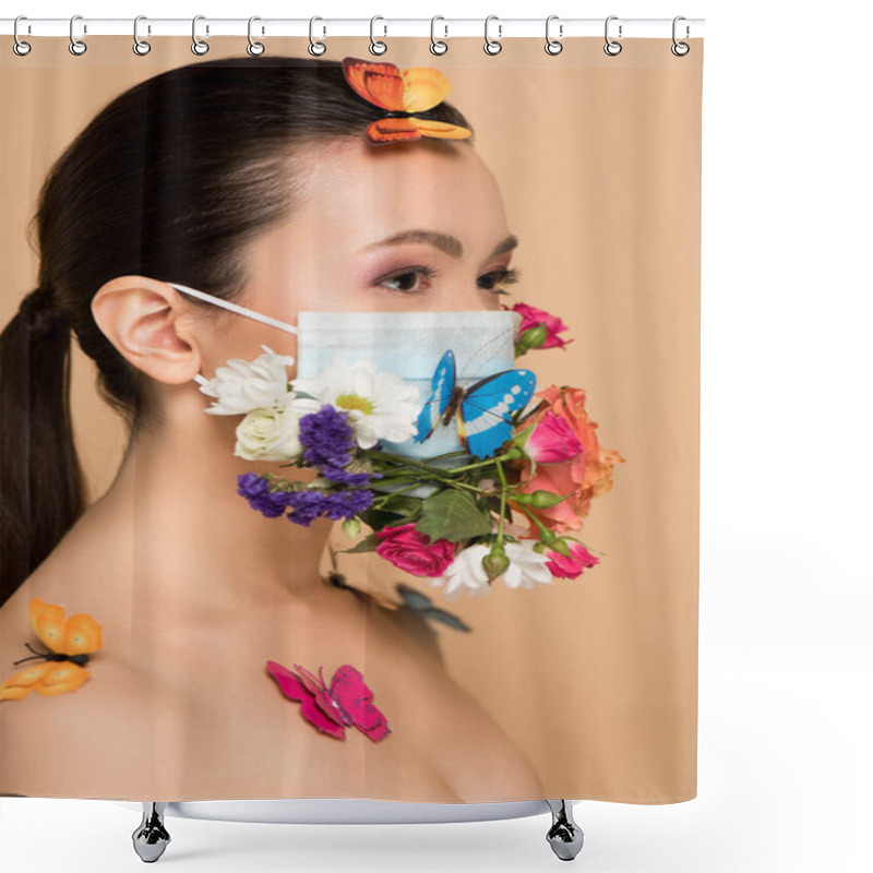 Personality  Attractive Asian Woman In Floral Face Mask With Butterflies Isolated On Beige Shower Curtains