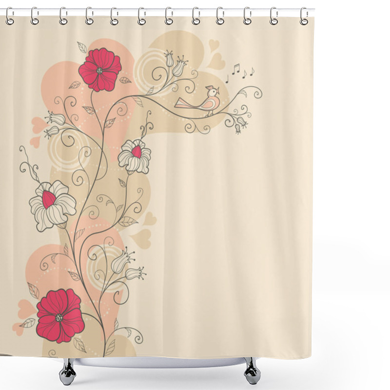 Personality  Spring Design With Flowers And A Singing Bird, Vector Shower Curtains