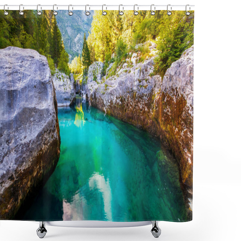 Personality  Wonderful Turquoise Soca River In The Lepena Valley, Rocky Part Popular Bathing Place In Summer In Slovenia Shower Curtains