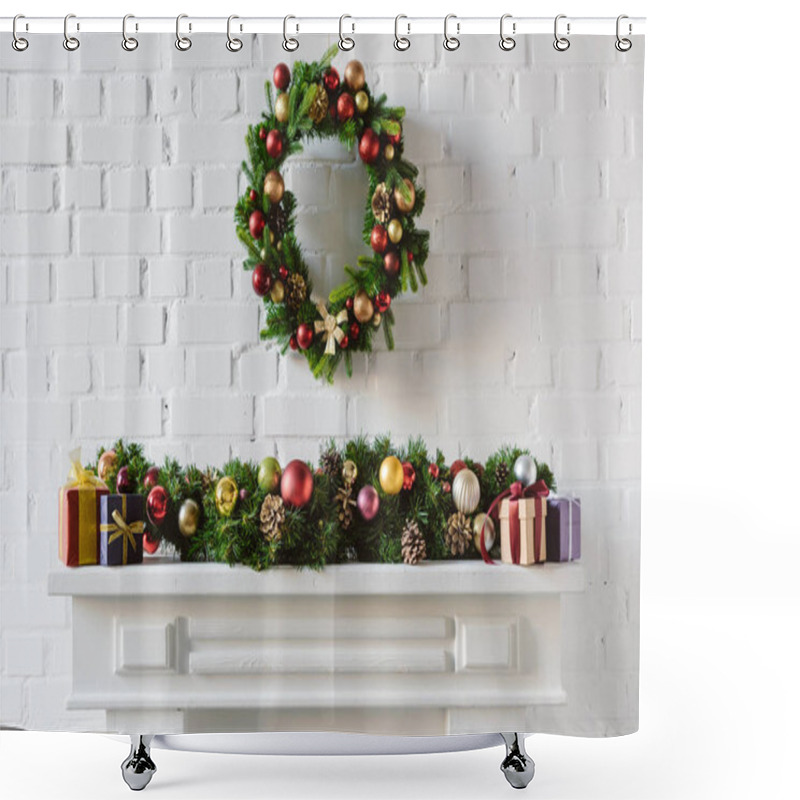 Personality  Christmas Wreath And Decorations Over Fireplace Mantel With White Brick Wall Shower Curtains