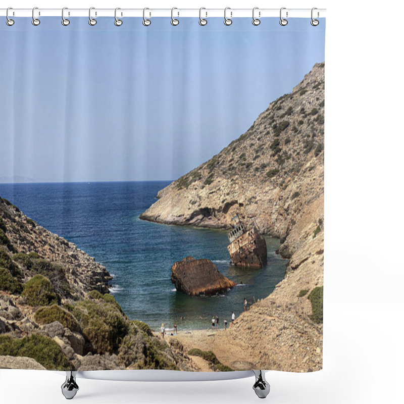 Personality  People On The Beach Visiting Shipwreck Olympia Boat In Amorgos Island During Summer Holidays, At The Coastal Rocky Area, , Cyclades, Greece. Travel Background Shower Curtains