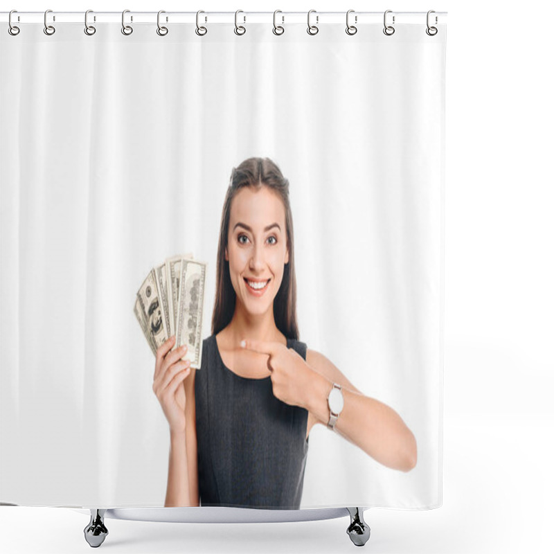 Personality  Smiling Woman In Black Dress Pointing At Dollar Banknotes Isolated On White Shower Curtains