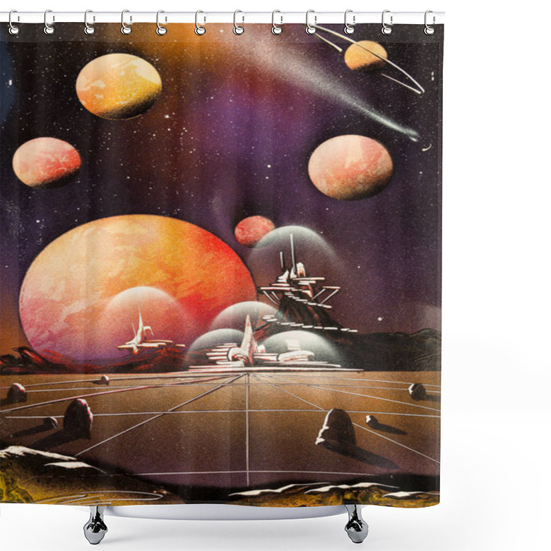 Personality  Alien Planet With Runway And Exoplanets In The Sky With Stardust. Shower Curtains