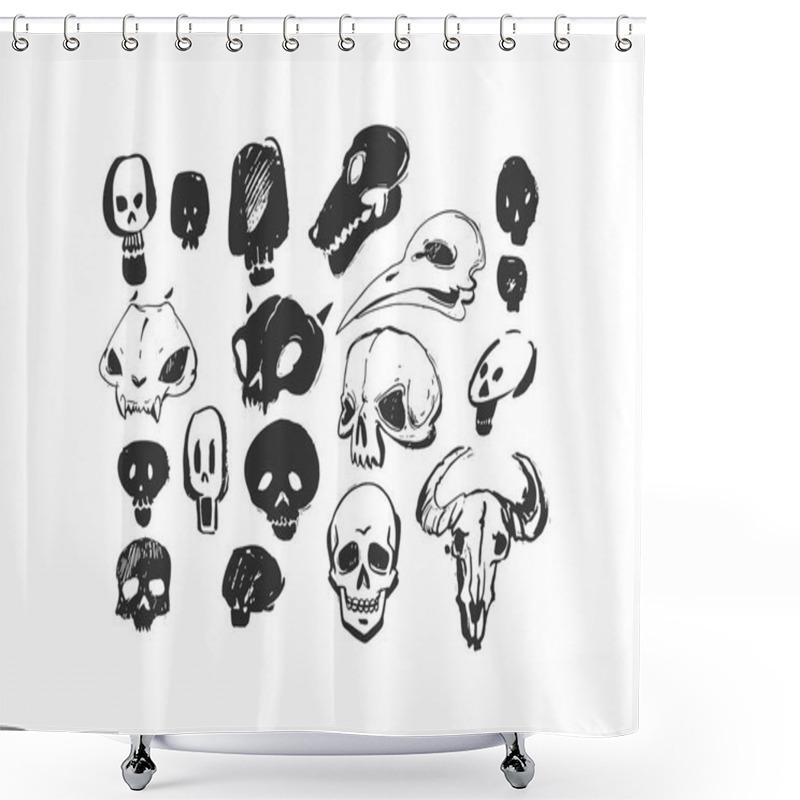 Personality  Hand Drawn Vector Abstract Artistic Freehand Textured Ink Halloween Design Elements Animals And Human Skulls Collection Set Isolated On White Background. Shower Curtains