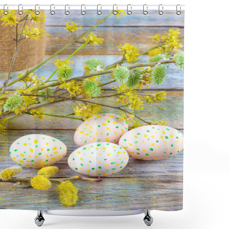 Personality  Easter Composition Of Blooming Willow Twigs, Dogwoods And Easter Eggs With A Pattern Of Yellow And Green Dots On A Wooden Retro Background Space Closeup Shower Curtains