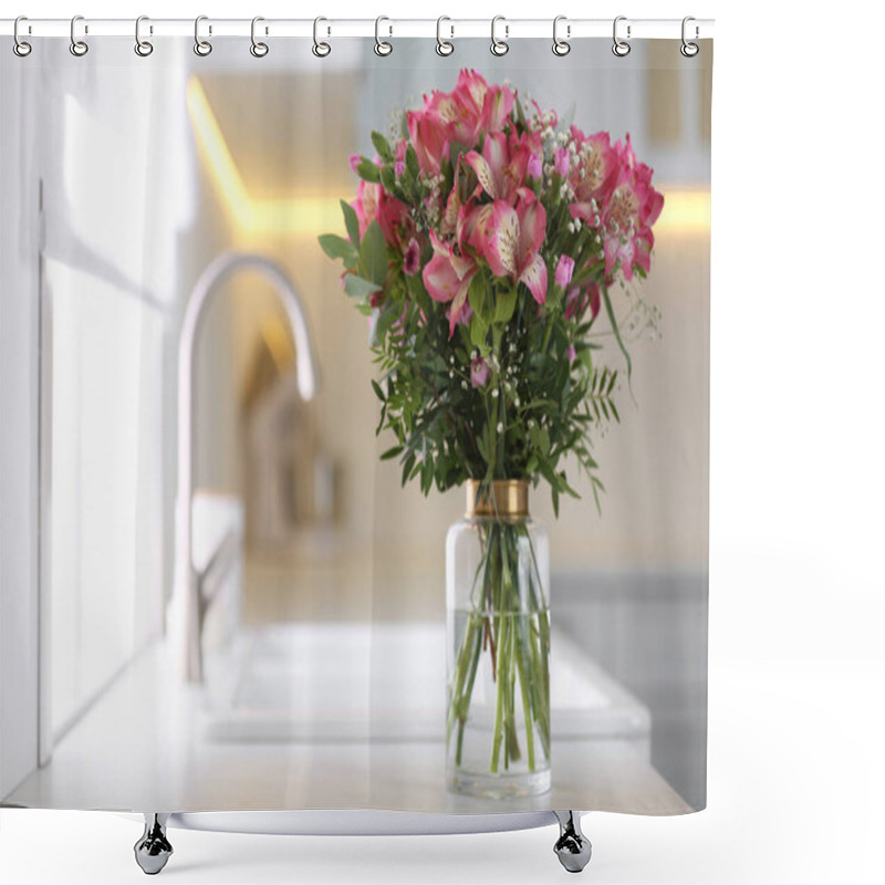 Personality  Vase With Beautiful Alstroemeria On Countertop In Kitchen, Space For Text. Interior Design Shower Curtains