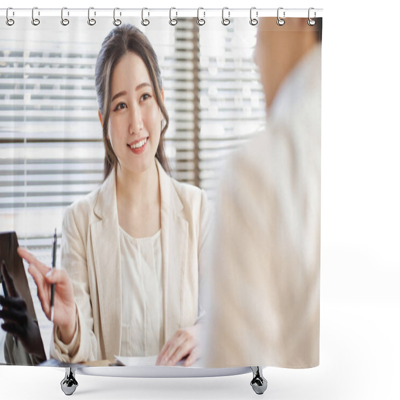 Personality  Asian Business Woman Explaining On A Laptop Shower Curtains