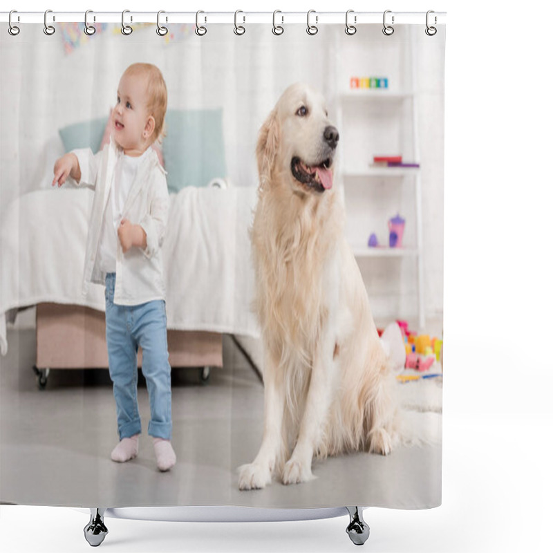 Personality  Happy Adorable Kid Looking Away, Golden Retriever Sitting On Floor In Children Room Shower Curtains