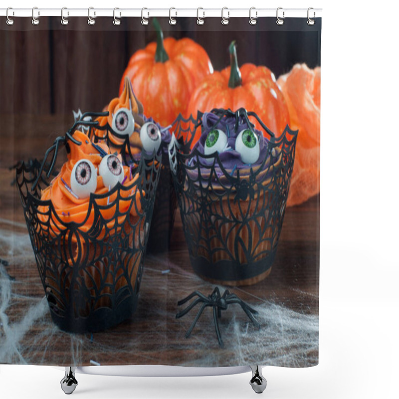 Personality  Halloween Cupcakes On Rustic Wooden Table Covered With Web Shower Curtains