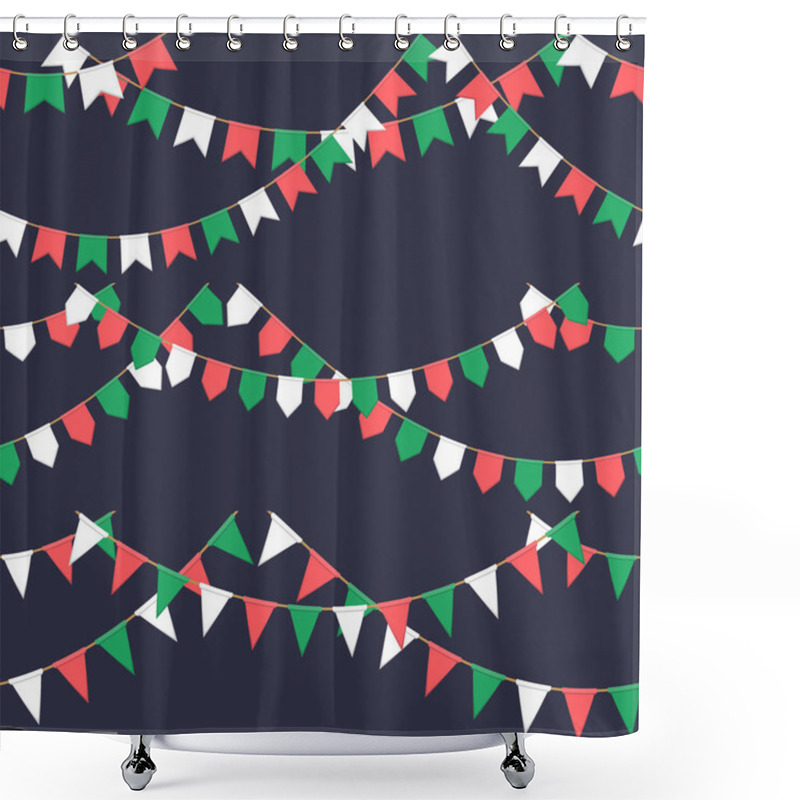 Personality  Set Of Garland With Celebration Flags Chain, Green, White, Red Pennons On Dark Background, Footer And Banner For Celebration Shower Curtains