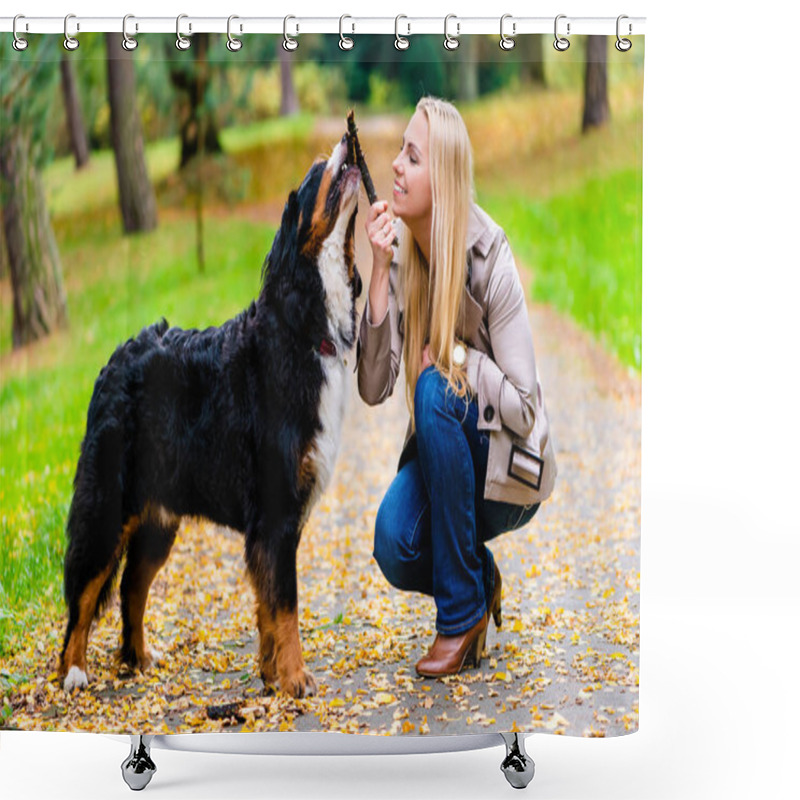 Personality  Woman And Dog At Retrieving Stick Game Shower Curtains