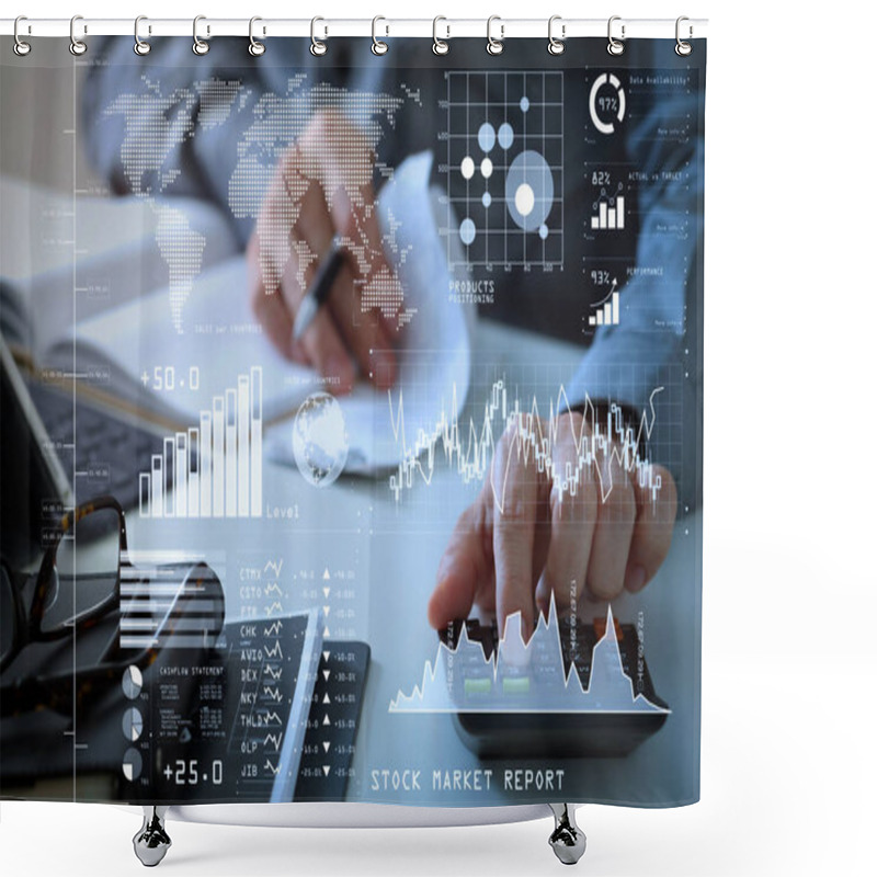 Personality  Investor Analyzing Stock Market Report And Financial Dashboard With Business Intelligence (BI), With Key Performance Indicators (KPI).businessman Hand Working With Finances About Cost And Calculator. Shower Curtains