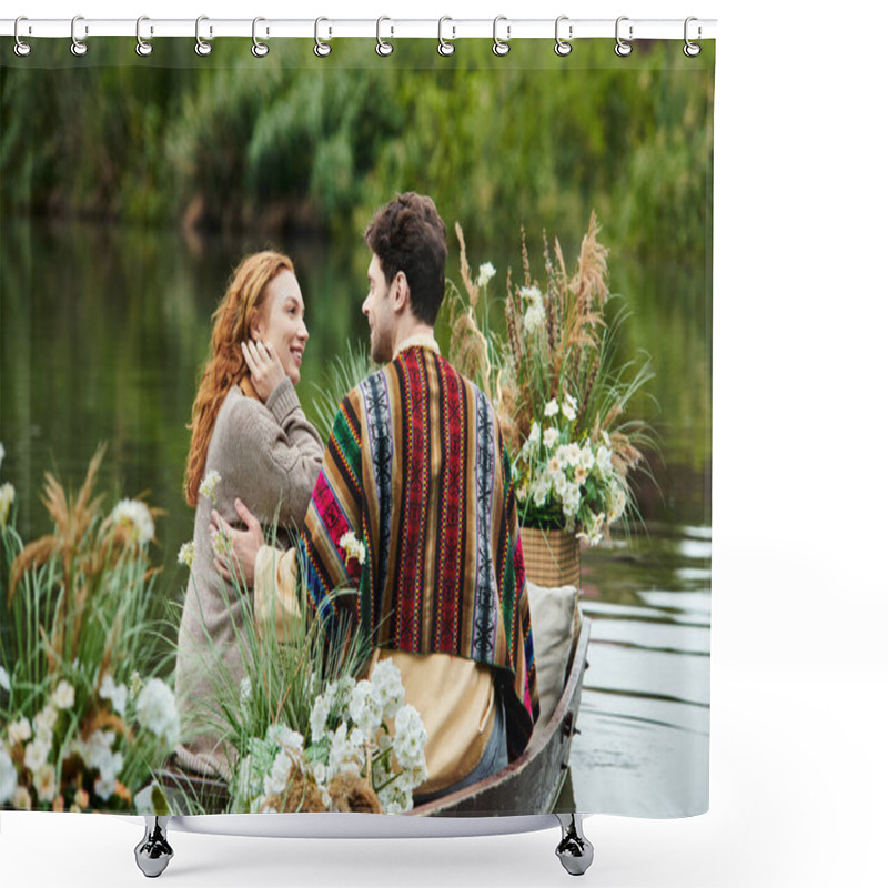 Personality  A Couple In Boho Clothing Navigate A Boat Filled With Vibrant Flowers In A Serene Green Park Setting. Shower Curtains