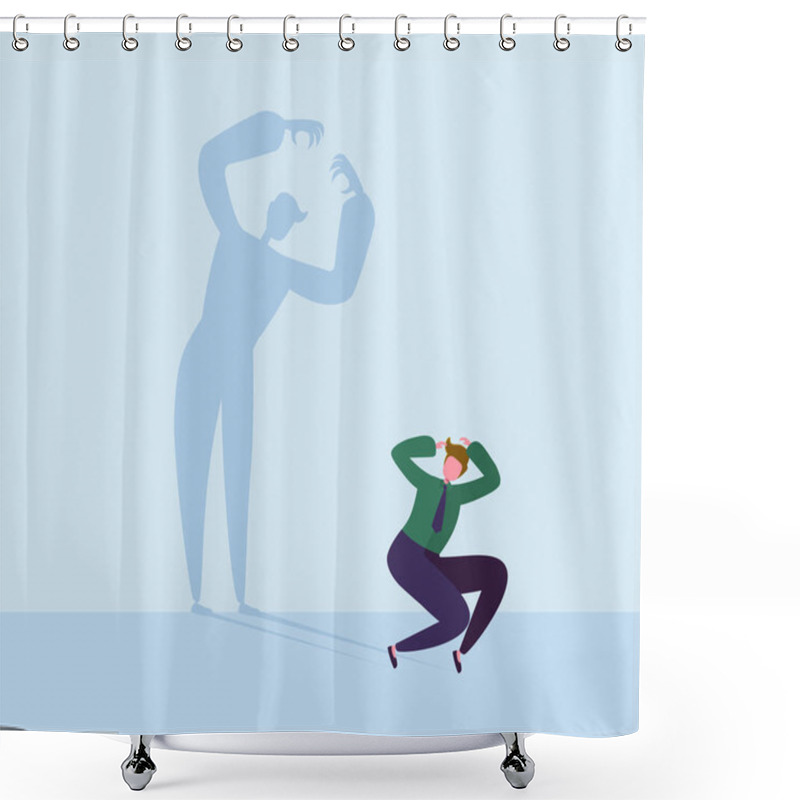 Personality  Scared Businessman Frightened Of His Own Shadow. Male Character With Silhouette Of Monster. Phobia, Stress, Panic Concept. Vector Illustration Shower Curtains