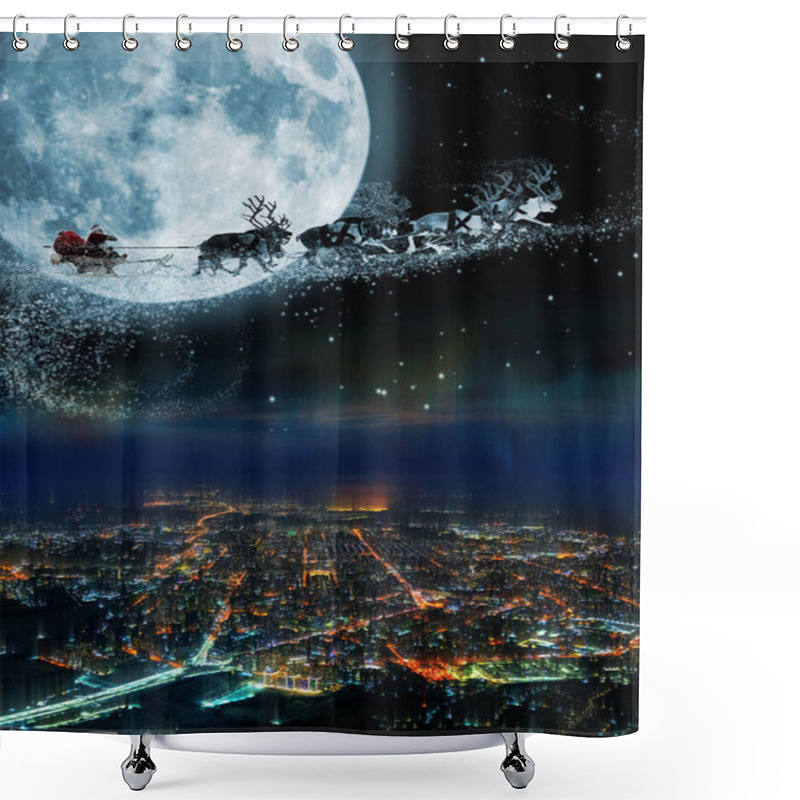 Personality  Santa Claus Get A Move To Ride On Their Reindeer. Magic Santa's Sleigh Flying Over Night City On The Background Of Huge Moon During Christmas. Shower Curtains