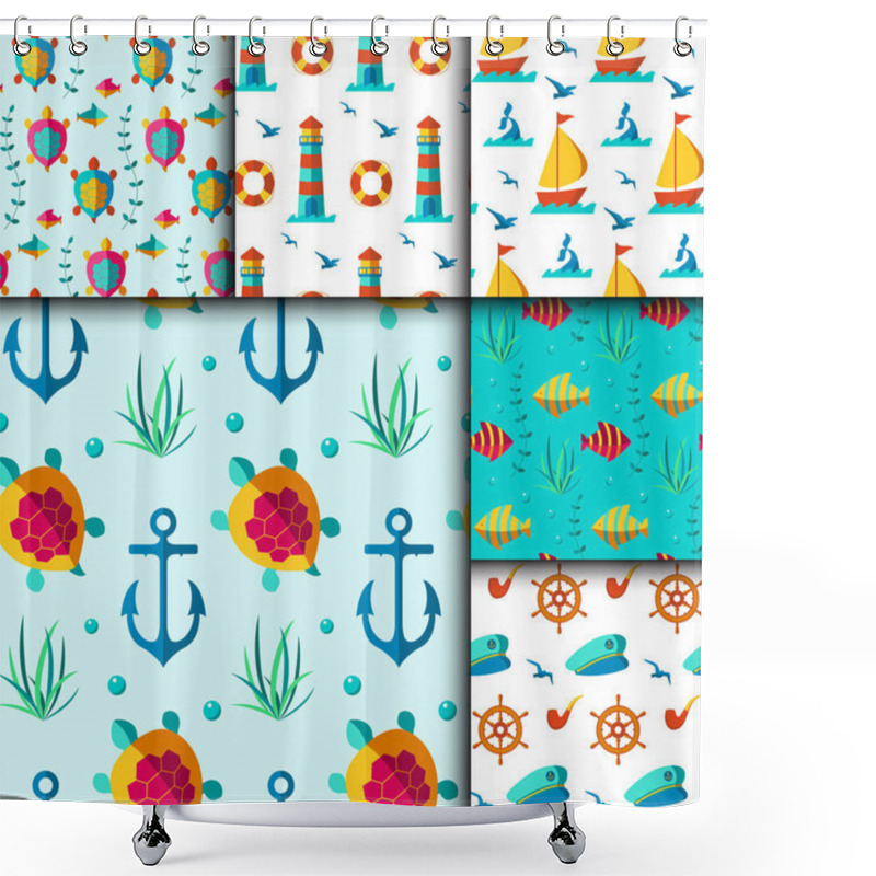 Personality  Seamless Vector Patterns With Nautical Elements Wave Marine Collection Paper Sea Background Shower Curtains