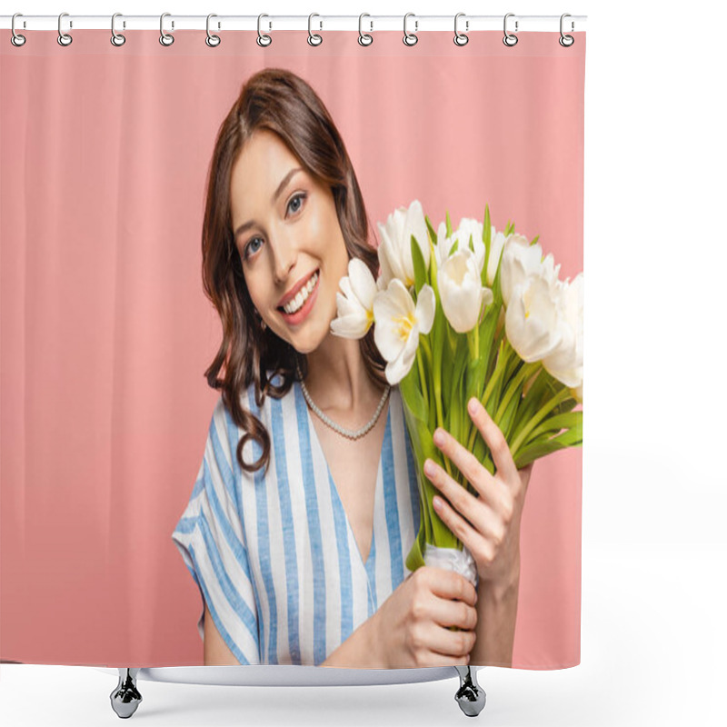 Personality  Happy Girl Smiling At Camera While Holding Bouquet Of White Tulips Isolated On Pink Shower Curtains