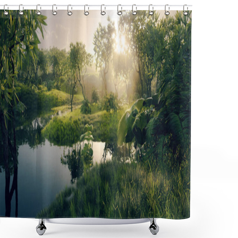 Personality  Fresh Green Paradise Scenery - Amazonian Tropical Rainforest Environment With Calm River In Beautiful Sunset Light. 3d Rendering. Shower Curtains