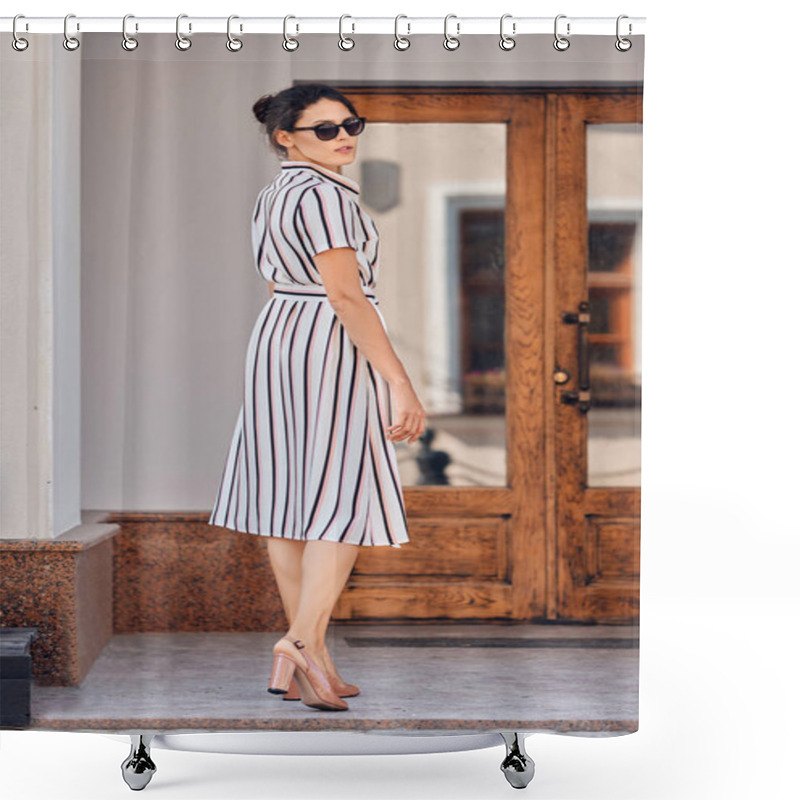 Personality  Pretty Lady In Striped Dress Approaching The Door Shower Curtains