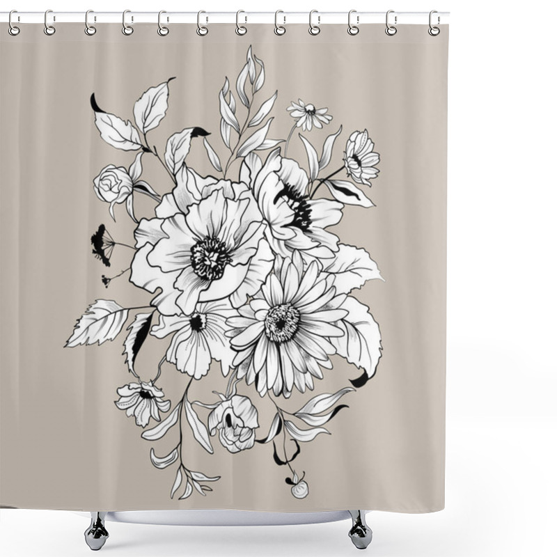 Personality  Graphic Bouquet Of Flowers. Contour Flowers Composition . Vector Illustration Shower Curtains